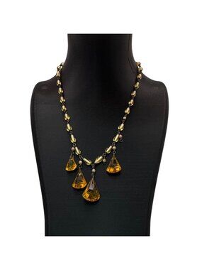 Vintage Czech Amber Glass Drop Pendant Necklace Yellow Beaded UV GLOWS 16" READ